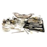 A mixed lot of silver items, various dates and makers, comprising: two sauce boats, a French beaker,
