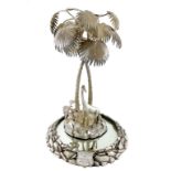 A Victorian electroplated epergne, modelled as two intertwined palm trees on a rocky base, mounted