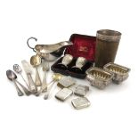 A mixed lot of silver items, various dates and makers, comprising: a George III silver-mounted