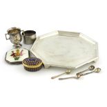 A mixed lot, comprising silver items: a presentation waiter of octagonal form, inscribed, Birmingham