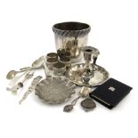 A mixed lot, comprising silver items: a tablespoon, a pair of sugar tongs, a baby feeding spoon,