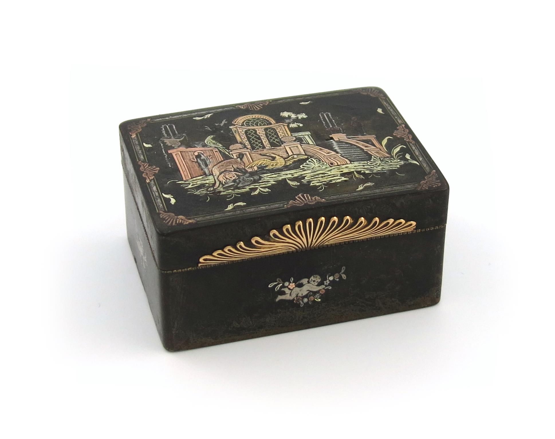 λA late 18th century gilt metal mounted tortoiseshell snuff box, rectangular form, the hinged