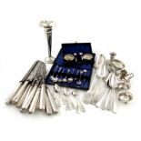 A mixed lot of silver items, comprising: a set of six silver meat forks, beaded silver handles,