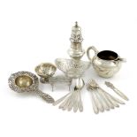 A mixed lot of Dutch silver items, comprising: a sugar caster, a cream jug, a pierced basket, a