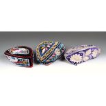 Three Iroquois Glengarry caps velvet with glass beads, including one with a purple ground with clear