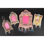 Four Iroquois beaded picture frame whimsies cloth and glass beads, the largest with foliage, a