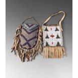 A Northern Plains pouch buckskin with coloured glass beads, the front with chevron designs, the flap