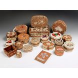 Nineteen North American quilled boxes birch bark, sweet grass, natural and dyed quills, circular,