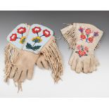 A pair of Crow gauntlets buckskin, coloured glass beads and printed cloth, the cuffs with a floral