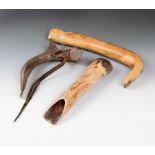 Three Plains scrapers including an elk antler, with a curved flat end with a hole to attach a