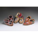 Three pairs of North American moccasins buckskin, cloth and glass beads, including a Naskapi or