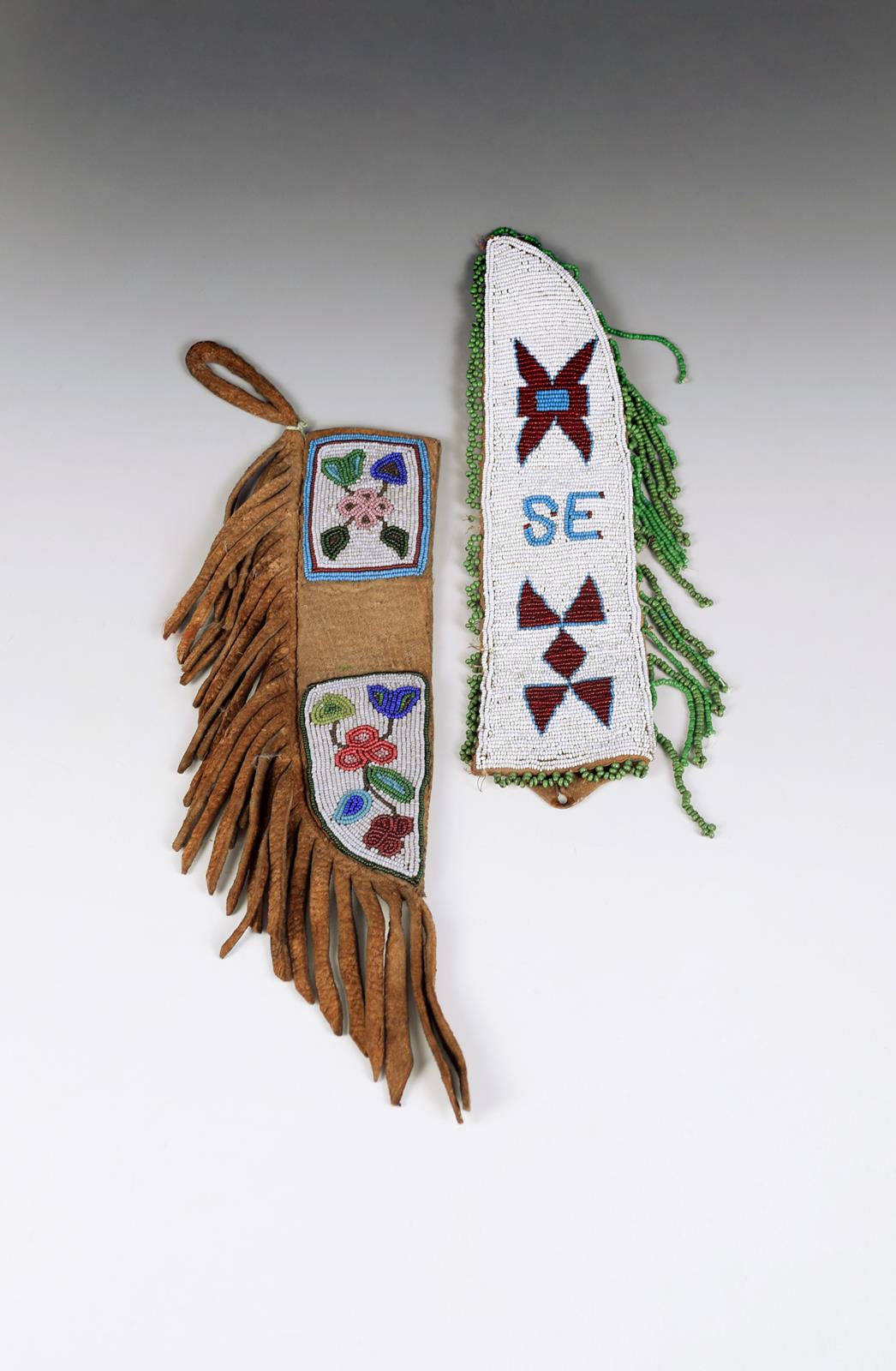 A Cree knife sheath buckskin, cloth, printed cotton lining and coloured glass beads, with a white