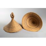 Two Lesotho hats mokorotlo South Africa basketry, natural and with bands of stained fibre, with