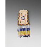 An Apache beaded pouch white buckskin with coloured glass beads, each side with differing 'spider'