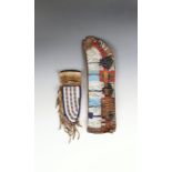 A Cree small knife sheath buckskin, velvet and coloured glass beads, with plain and alternate stripe