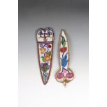 Two Chippewa beaded scissor cases buckskin, rawhide, cloth and coloured glass beads, with white