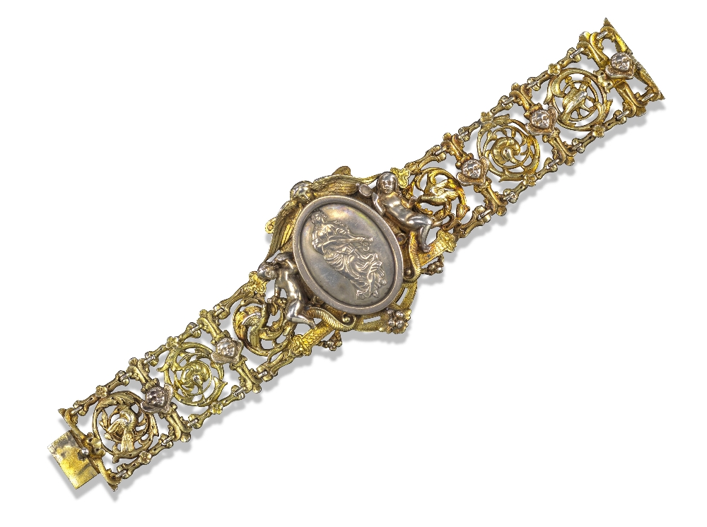 A silver and silver-gilt Renaissance Revival bracelet by Froment-Meurice, c1850, the central section