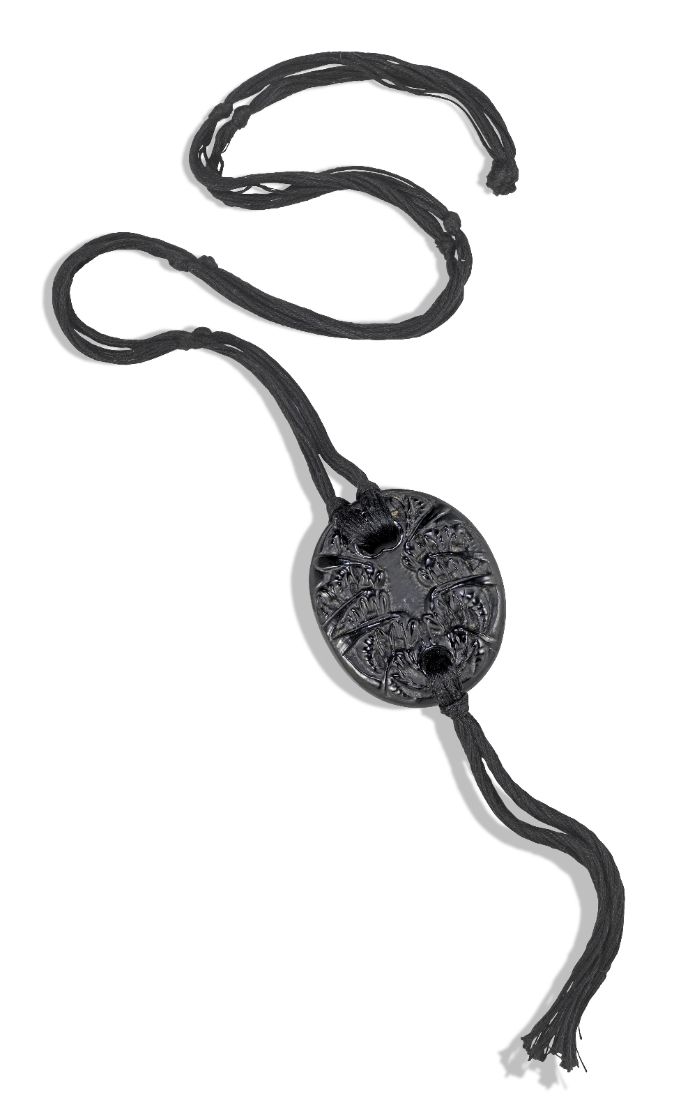 `'Guepes' no.1650, a Lalique black glass pendant by designed by René Lalique, the moulded glass