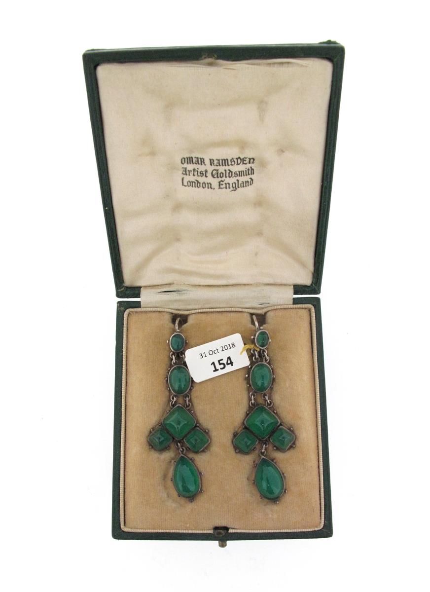 A pair of Arts & Crafts chrysoprase earrings attributed to Omar Ramsden, c1925, set with six - Image 2 of 3