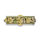 An Art Nouveau rectangular enamel plaque brooch, c1900, depicting three flowerheads in opalescent