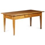 A late 19th century French cherrywood farmhouse kitchen table, the boarded top with cleated ends,