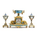 A late 19th century French ormolu and porcelain mounted mantel clock, the eight day brass movement