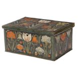 A Dutch folk art painted planewood boarded box, all over decorated with tulips and other flowers,