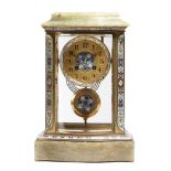 A late 19th century French champlevé enamel four-glass mantel clock, the eight day movement striking