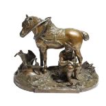 A 19th century French bronze group of a seated farmer, with his horse, on a naturalistic base, 26.