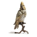 A bronze model of a cockatoo after Franz Bergman, perched on a branch, stamped 'GESCHUTZT' with '