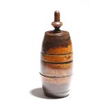A George II treen lignum vitae coffee grinder or mill, of barrel shape and with a screw-off stylised