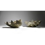 λ A pair of giant clam shells (Tridacna Gigas), each pierced with a hole and with a lichen and