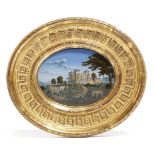 A 19th century reverse glass print of an Italian villa, 8.8cm wide, in a moulded giltwood frame.
