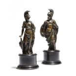 A pair of 19th century French bronze figures of Mars and Minerva, each on an ebonised socle, 29.