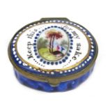 An English enamel patch box c.1770, the oval form with a raised panel painted with figures beneath a