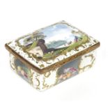 A Bilston enamel rectangular snuff box c.1760-80, the cover painted with a couple seated on a grassy