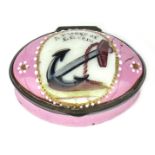A Staffordshire enamel patch box c.1770, the oval cover painted with a spoiled anchor beneath the