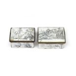 Two English enamel snuff boxes c.1760, printed in black with scenes of courting couples to the lids,