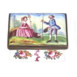 An English enamel double snuff box c.1770-80, the rectangular form with a moulded cover, painted