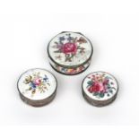 Three Bilston enamel snuff boxes c.1760-80, one painted with a butterfly alighting on a spray of