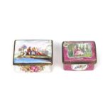 Two Staffordshire enamel snuff boxes 2nd half 18th century, one painted to the cover with Harlequin,