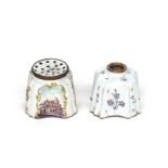 Two South Staffordshire enamel pounce pots c.1770, of cruciform shape, one painted with flower
