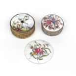 Two circular snuff boxes late 18th century, with metal bases and enamel lids, one painted with