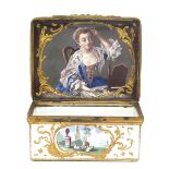 A Bilston enamel snuff box c.1770-80, the cover painted with a shepherd seated by a fountain and