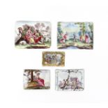 Five English enamel rectangular plaques or box covers 2nd half 18th century, one printed and