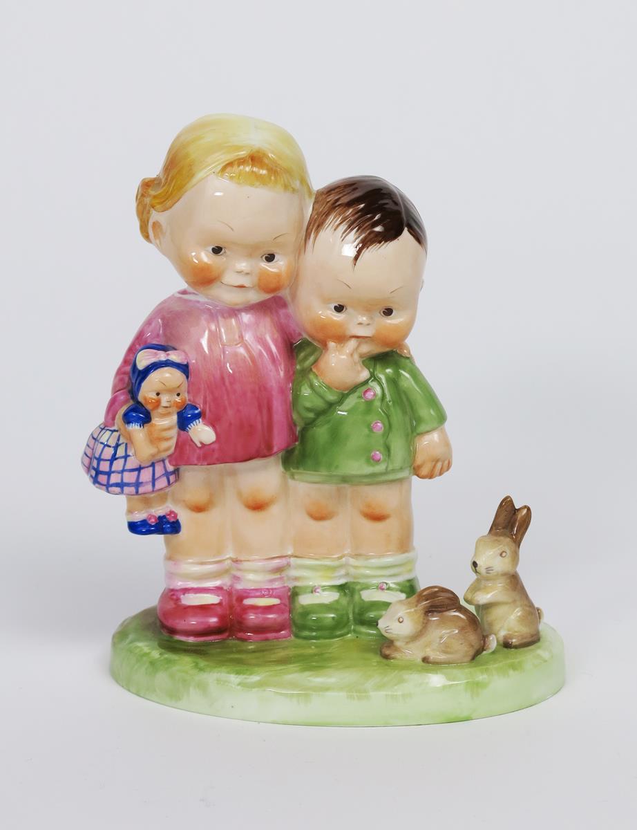 'Our Pets' a large Shelley china figure group designed by Mabel Lucie Attwell, two young children,