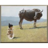 CHEN YAN NING (1945-) YOUNG GIRL WITH AN OX A Chinese painting, oil on canvas, signed Chen Yan Ning,