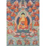 A MONGOLIAN THANGKA OF BUDDHA SHAYKAMUNI AND THE EIGHTEEN ARHATS 19TH CENTURY Painted in vivid