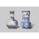 TWO JAPANESE BLUE AND WHITE SETO WARE VASES 20TH CENTURY One with a bulbous body and a tall neck