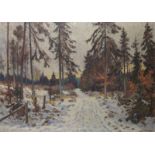 ‡Carl Wennemoes (Danish 1890-1965)Snowy woodland sceneSigned titled Ravnsholt and dated 1933Oil on